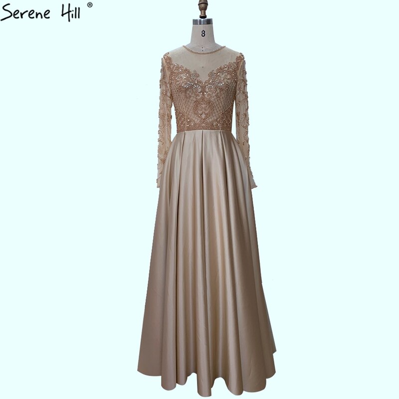 Dubai Mulim Gold A-line Long Satin  Crystal Beading Evening Dresses 2025 Gowns For Woman  Formal Dress LA70550
