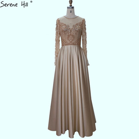 Dubai Mulim Gold A-line Long Satin  Crystal Beading Evening Dresses 2025 Gowns For Woman  Formal Dress LA70550