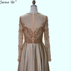 Dubai Mulim Gold A-line Long Satin  Crystal Beading Evening Dresses 2025 Gowns For Woman  Formal Dress LA70550