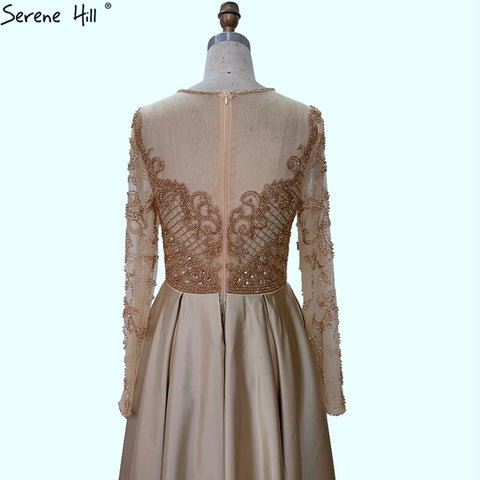 Dubai Mulim Gold A-line Long Satin  Crystal Beading Evening Dresses 2025 Gowns For Woman  Formal Dress LA70550
