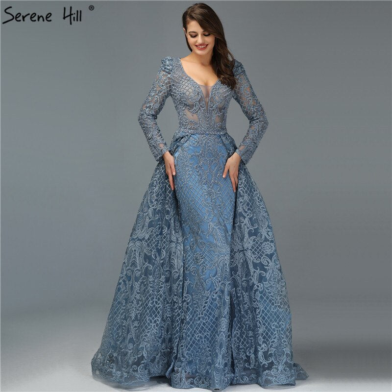 Dubai  Muslim Blue Luxury Long elegant Evening Dresses 2025 Crystal Mermaid Evening Gowns Plus Size LA70159