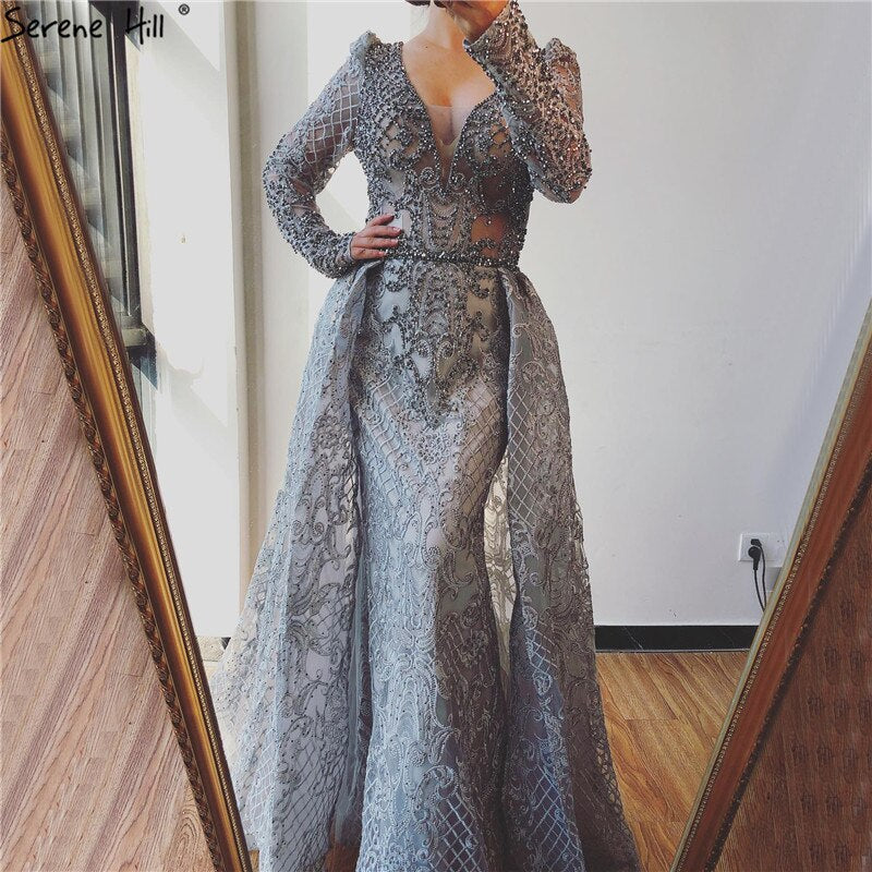 Dubai  Muslim Blue Luxury Long elegant Evening Dresses 2025 Crystal Mermaid Evening Gowns Plus Size LA70159