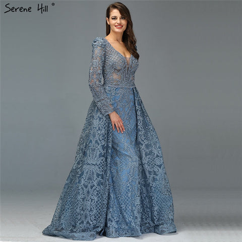 Dubai  Muslim Blue Luxury Long elegant Evening Dresses 2025 Crystal Mermaid Evening Gowns Plus Size LA70159