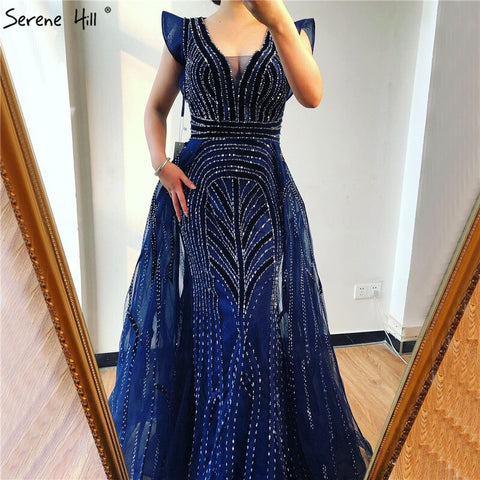 Dubai Navy Blue Deep-V Sexy Evening Dresses 2025 Sleeveless Crystal Luxury Mermaid Evening Gowns Design LA70198