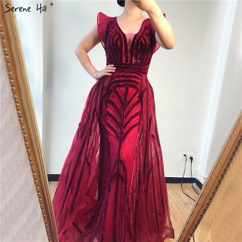 Dubai Navy Blue Deep-V Sexy Evening Dresses 2025 Sleeveless Crystal Luxury Mermaid Evening Gowns Design LA70198