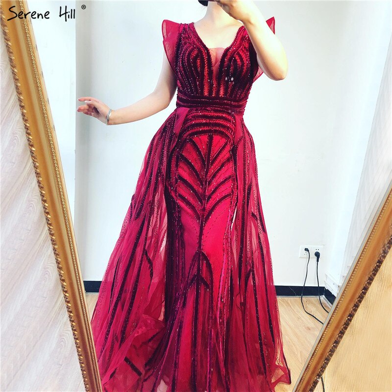 Dubai Navy Blue Deep-V Sexy Evening Dresses 2025 Sleeveless Crystal Luxury Mermaid Evening Gowns Design LA70198