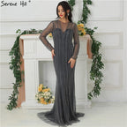 Sale Dubai New Gold Fashion Mermaid Evening Dresses 2025 Long Sleeves Beading Sexy Luxury Evening Party Dress LA6629