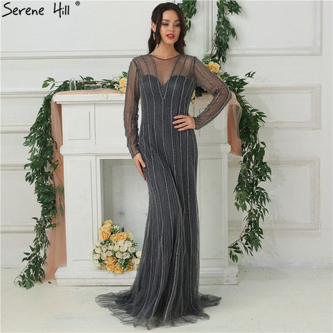 Rebajas en Dubái. Nuevos vestidos de noche de sirena dorados, moda 2025. Vestido de fiesta de noche sexy y lujoso con mangas largas y pedrería (LA6629). 