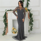 Sale Dubai New Gold Fashion Mermaid Evening Dresses 2025 Long Sleeves Beading Sexy Luxury Evening Party Dress LA6629