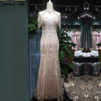 Dubai Nude Mermaid Luxury O-Neck Evening Dresses 2025 Short Sleeves Beading Tassel Formal Dress LA70646