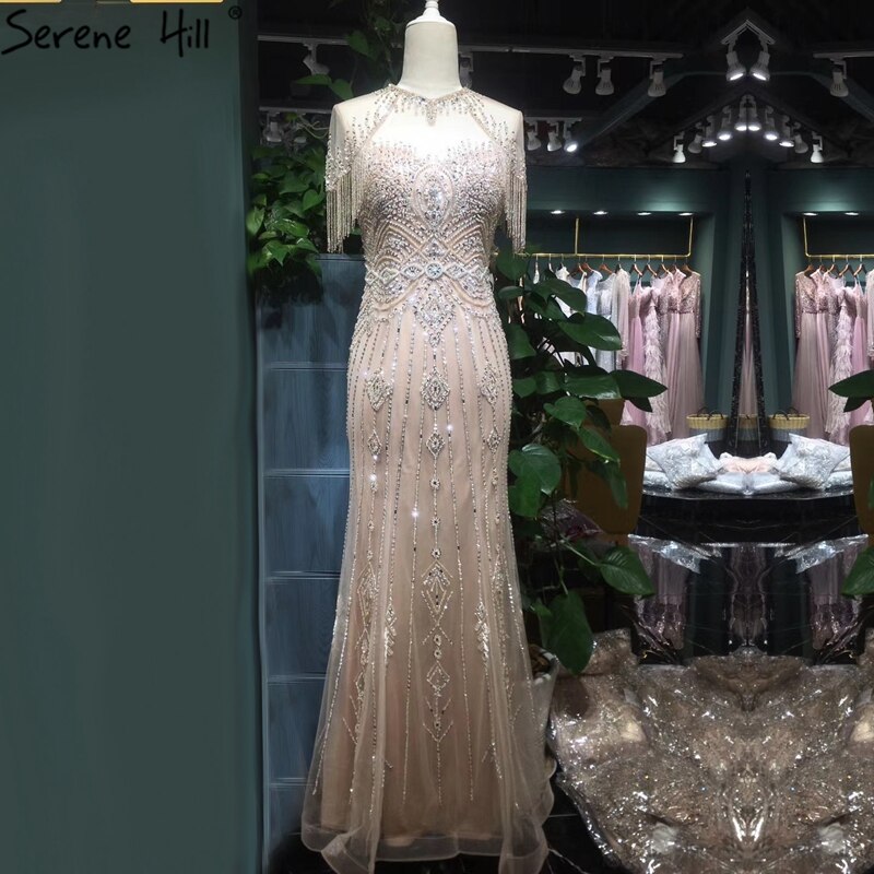 Dubai Nude Mermaid Luxury O-Neck Evening Dresses 2025 Short Sleeves Beading Tassel Formal Dress LA70646