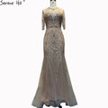 Dubai Nude Mermaid Luxury O-Neck Evening Dresses 2025 Short Sleeves Beading Tassel Formal Dress LA70646