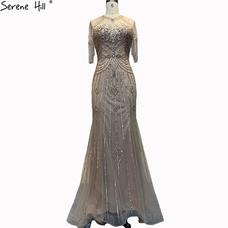 Dubai Nude Mermaid Luxury O-Neck Evening Dresses 2025 Short Sleeves Beading Tassel Formal Dress LA70646