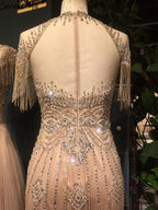 Dubai Nude Mermaid Luxury O-Neck Evening Dresses 2025 Short Sleeves Beading Tassel Formal Dress LA70646