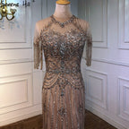 Dubai Nude Mermaid Luxury O-Neck Evening Dresses 2025 Short Sleeves Beading Tassel Formal Dress LA70646