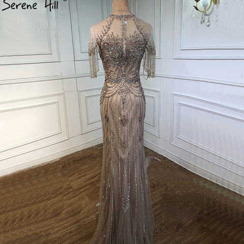 Vestido de noche de lujo estilo sirena color nude, cuello redondo, manga corta, con cuentas y borlas, modelo LA70646 