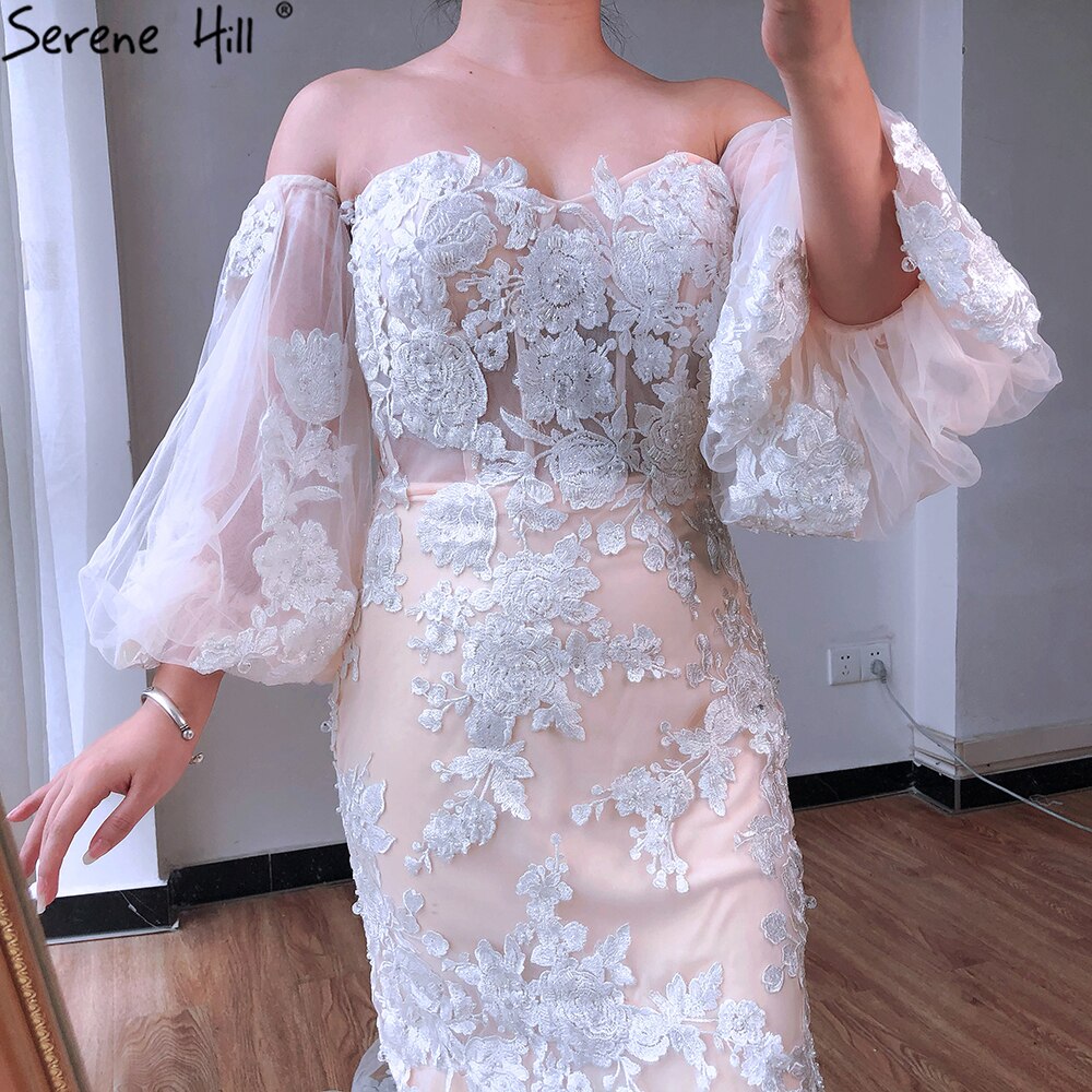 Dubai Nude White Mermaid Sexy Wedding Dresses 2025 Lantern Sleeve Flowers Beading Bridal Gowns LA70417 Custom Made