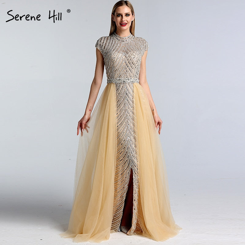 Dubai O-Neck Cap Sleeve Beading Evening Dresses 2025 Nude Sexy Mermaid Formal Dress Plus Size LA60777