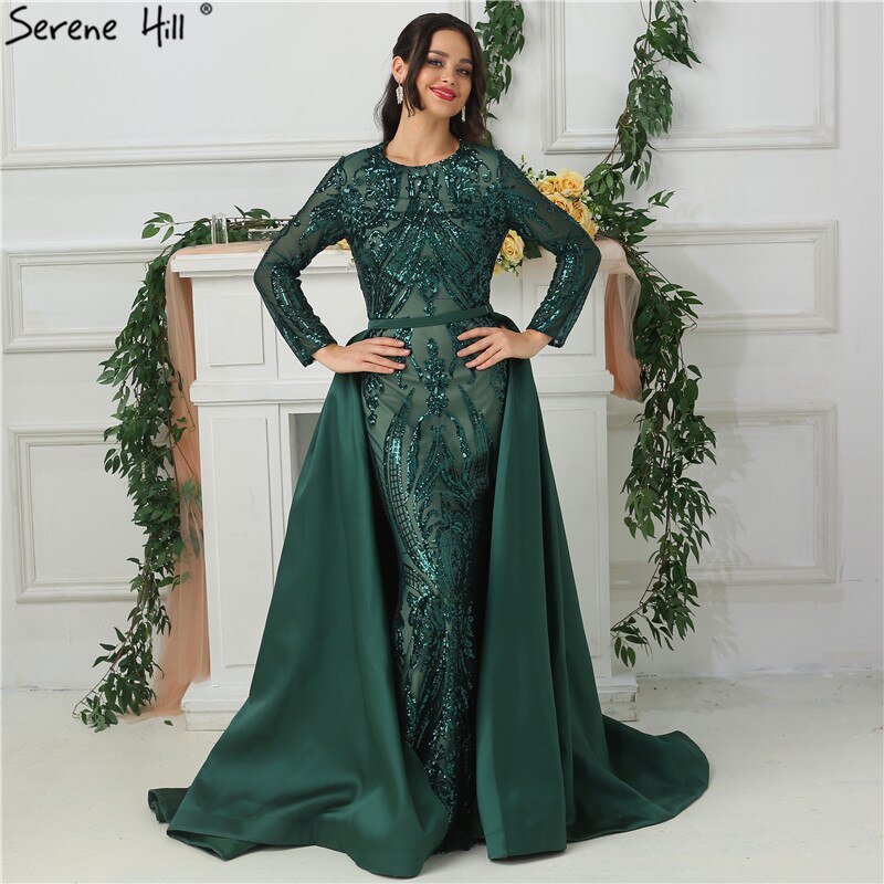 Dubai Peach Luxury Mermaid Vintage Evening Dress Sequined Long Sleeves With Train Evening Gowns 2025 LA6613