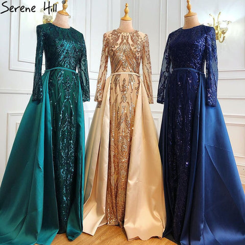 Dubai Peach Luxury Mermaid Vintage Evening Dress Sequined Long Sleeves With Train Evening Gowns 2025 LA6613