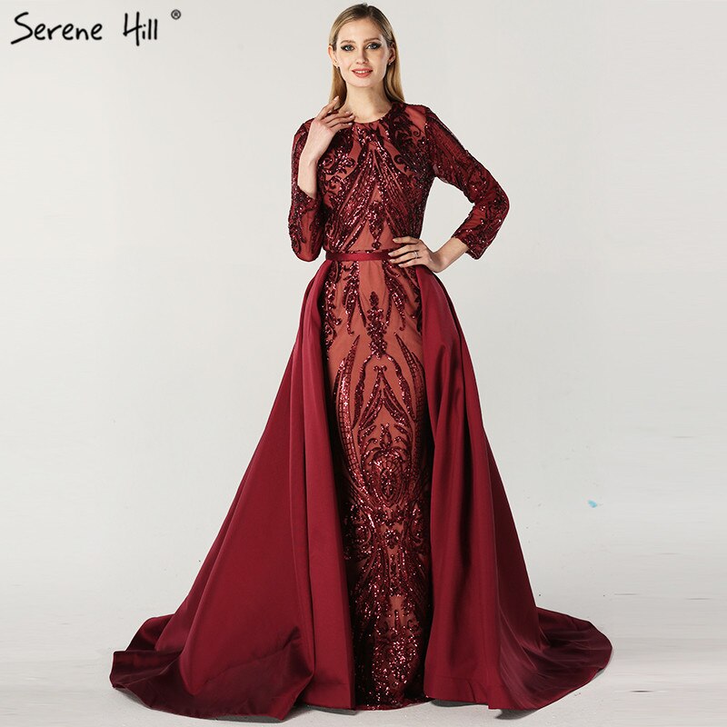 Dubai Peach Luxury Mermaid Vintage Evening Dress Sequined Long Sleeves With Train Evening Gowns 2025 LA6613