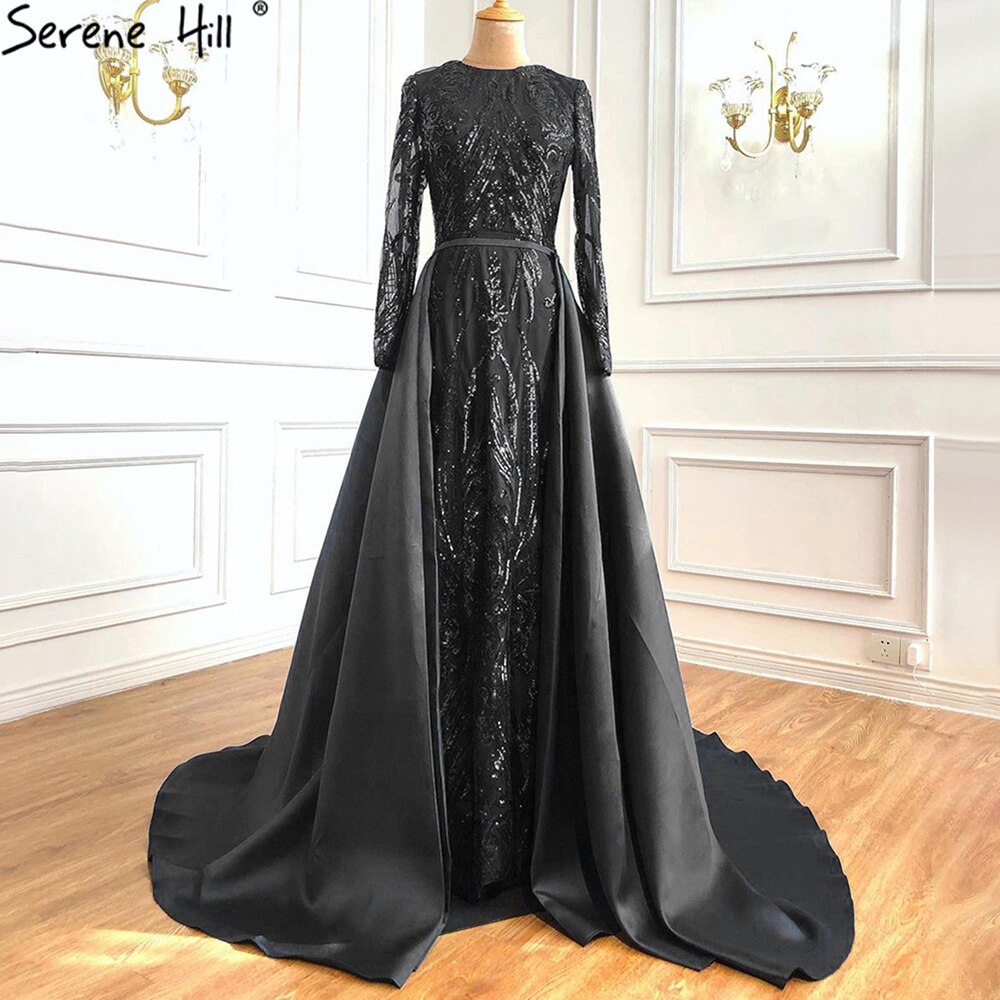 Dubai Peach Luxury Mermaid Vintage Evening Dress Sequined Long Sleeves With Train Evening Gowns 2025 LA6613