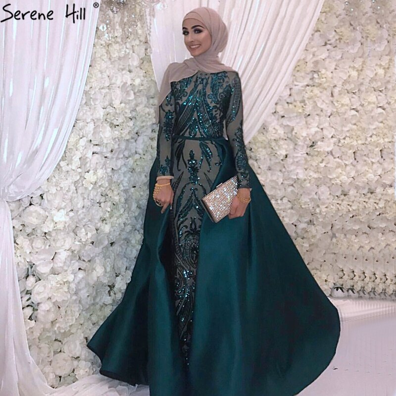 Dubai Peach Luxury Mermaid Vintage Evening Dress Sequined Long Sleeves With Train Evening Gowns 2025 LA6613
