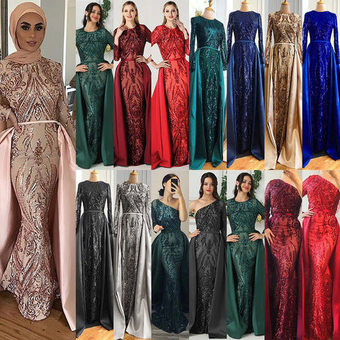 Dubai Peach Luxury Mermaid Vintage Evening Dress Sequined Long Sleeves With Train Evening Gowns 2025 LA6613