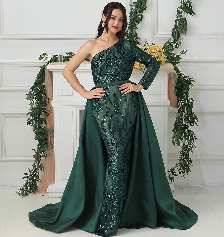 Dubai Peach Luxury Mermaid Vintage Evening Dress Sequined Long Sleeves With Train Evening Gowns 2025 LA6613