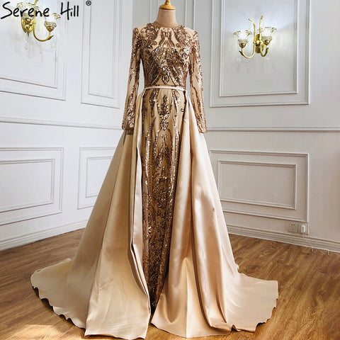 Dubai Peach Luxury Mermaid Vintage Evening Dress Sequined Long Sleeves With Train Evening Gowns 2025 LA6613