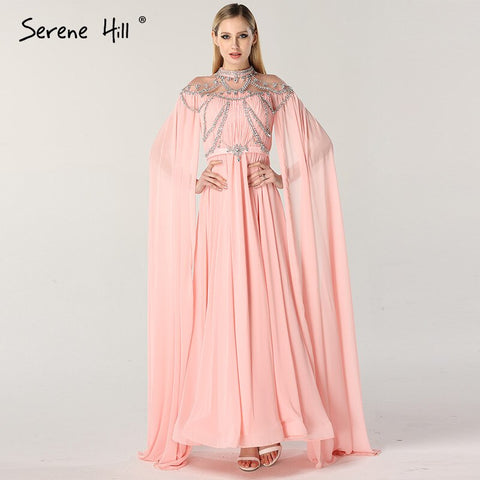 On Sale No Return No Refund Dubai Pink High Collar Chiffon Evening Dresses Design Diamond Sleeveless Beach Evening Gowns 2025 LA60736