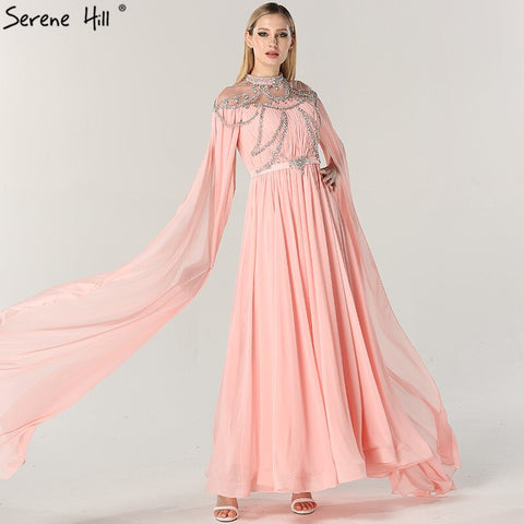 On Sale No Return No Refund Dubai Pink High Collar Chiffon Evening Dresses Design Diamond Sleeveless Beach Evening Gowns 2025 LA60736