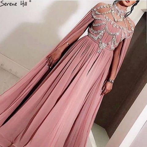 On Sale No Return No Refund Dubai Pink High Collar Chiffon Evening Dresses Design Diamond Sleeveless Beach Evening Gowns 2025 LA60736