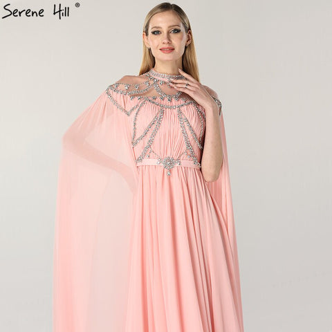 On Sale No Return No Refund Dubai Pink High Collar Chiffon Evening Dresses Design Diamond Sleeveless Beach Evening Gowns 2025 LA60736