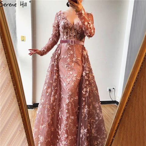 Robe de soirée en tulle rose à manches longues, col en V, motif floral fait main, robe sexy, LA60994, soldes 2025 