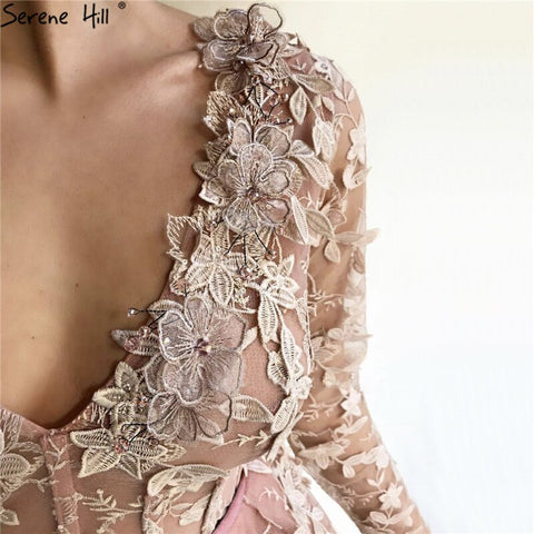 Robe de soirée en tulle rose à manches longues, col en V, motif floral fait main, robe sexy, LA60994, soldes 2025 