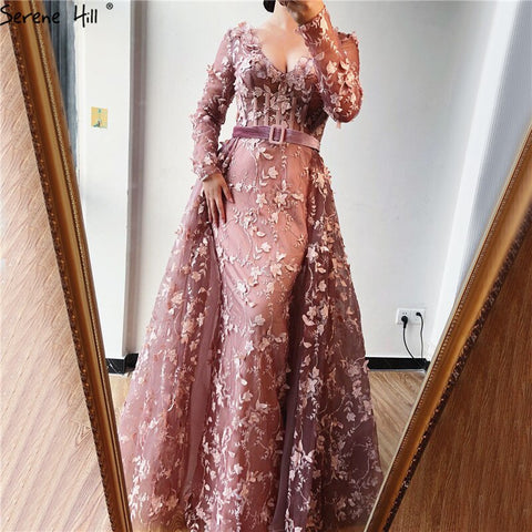 Robe de soirée en tulle rose à manches longues, col en V, motif floral fait main, robe sexy, LA60994, soldes 2025 