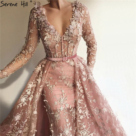 Robe de soirée en tulle rose à manches longues, col en V, motif floral fait main, robe sexy, LA60994, soldes 2025 