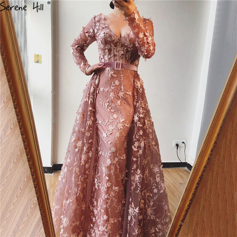 Robe de soirée en tulle rose à manches longues, col en V, motif floral fait main, robe sexy, LA60994, soldes 2025 