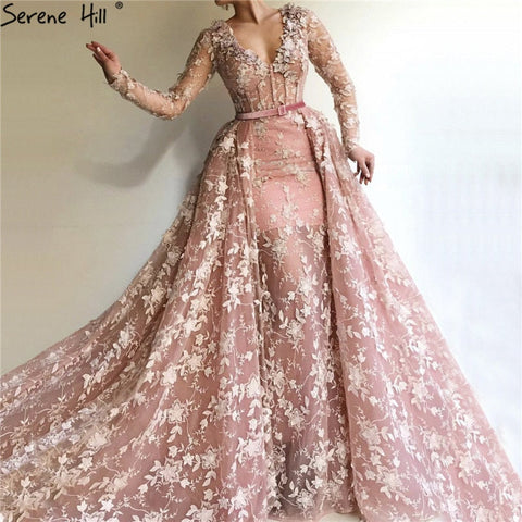 Robe de soirée en tulle rose à manches longues, col en V, motif floral fait main, robe sexy, LA60994, soldes 2025 