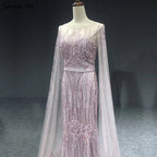 Dubai Pink Luxury Long Sleeves Evening Gowns 2025 Mermaid Sequins Beading Sexy Fromal Dresses LA70160