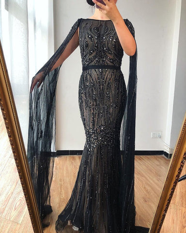 Dubai Pink Luxury Long Sleeves Evening Gowns 2025 Mermaid Sequins Beading Sexy Fromal Dresses LA70160