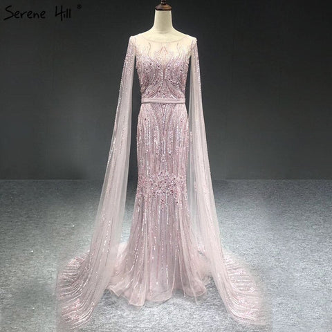Dubai Pink Luxury Long Sleeves Evening Gowns 2025 Mermaid Sequins Beading Sexy Fromal Dresses LA70160