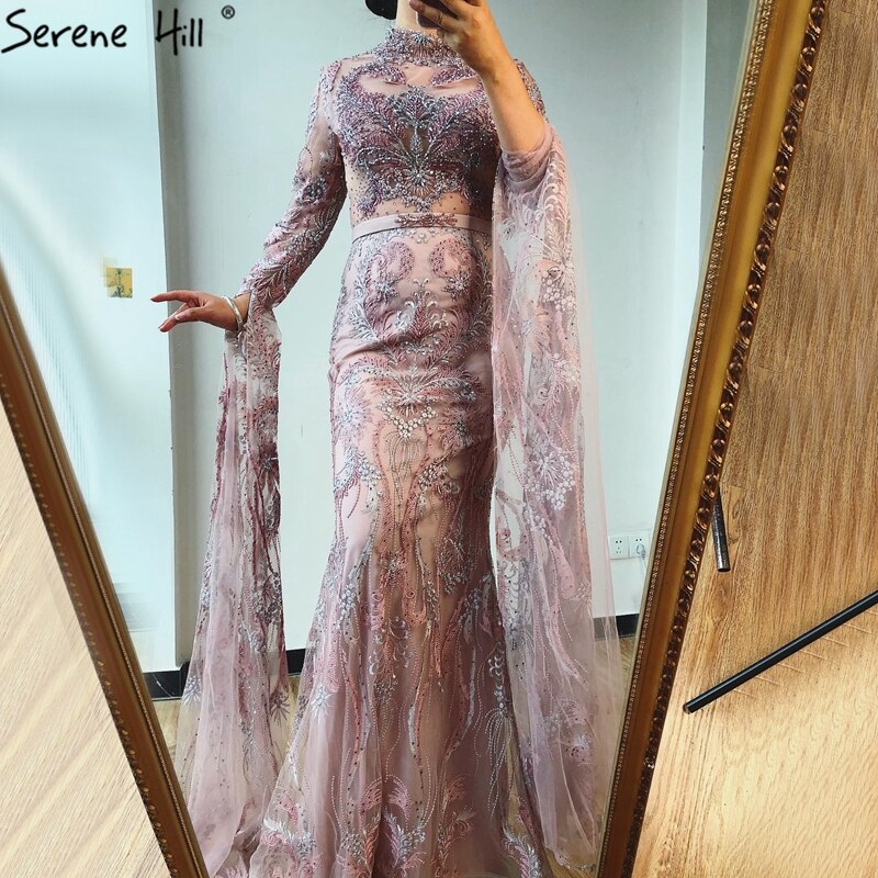 Dubai Pink Mermaid Luxury Evening Dresses 2025 Long Sleeves Crystal Beading Formal Dress LA70595