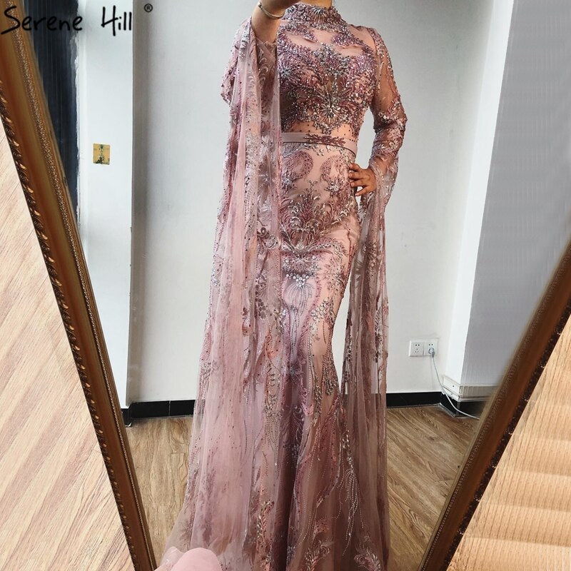 Dubai Pink Mermaid Luxury Evening Dresses 2025 Long Sleeves Crystal Beading Formal Dress LA70595