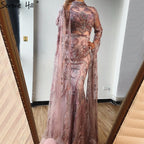 Dubai Pink Mermaid Luxury Evening Dresses 2025 Long Sleeves Crystal Beading Formal Dress LA70595