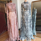 Dubai Pink Mermaid Luxury Evening Dresses 2025 Long Sleeves Crystal Beading Formal Dress LA70595