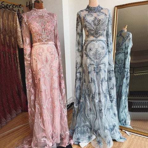 Vestido de noche de lujo Dubai Pink Mermaid 2025, manga larga, con cuentas de cristal, modelo LA70595 