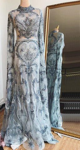 Vestido de noche de lujo Dubai Pink Mermaid 2025, manga larga, con cuentas de cristal, modelo LA70595 