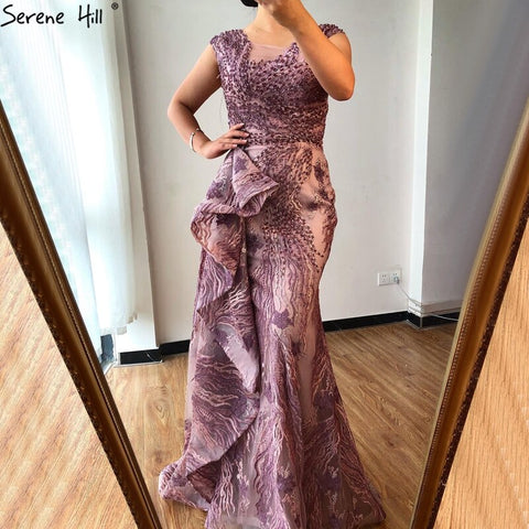 Vestidos de noche de sirena rosa de Dubai sin mangas, vestidos de fiesta de encaje con cuentas y cuello redondo de alta gama 2025 LA70669 